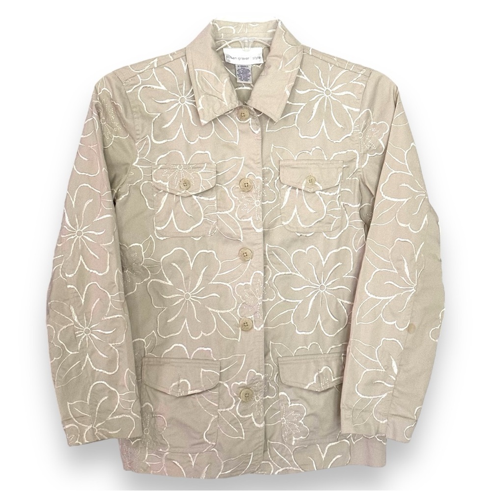 Susan Graver Size XS Khaki w/White Embroidery Jacket Button Flap Front Pockets